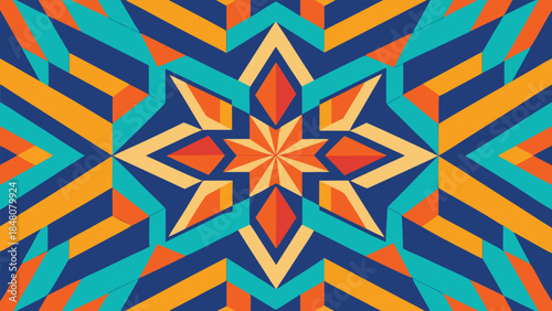Vibrant symmetrical graphic design featuring geometric shapes in orange, blue, red, and turquoise
