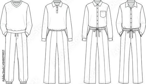 CAD drawing flat vector illustration of men's casual and formal outfits, modern fashion designs, long sleeve shirts with pants, elastic waistbands, detailed 