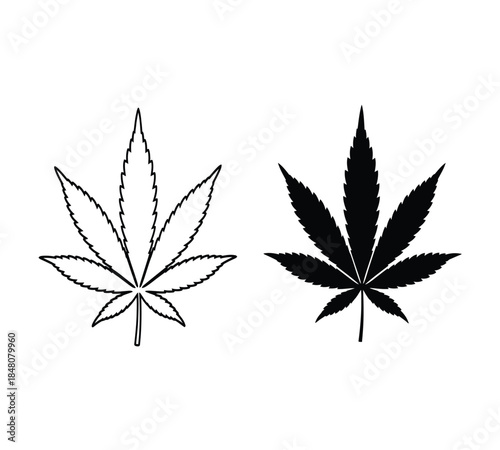 a simple illustration depicting two cannabis leaves one outlined and one fully shaded against a plain white background