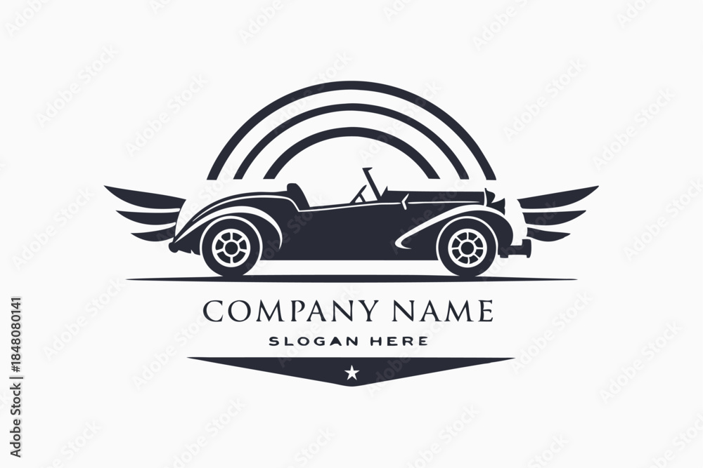 Obraz premium Black Retro Car Logo with Wings and Three Arches Over, Company Tagline Below