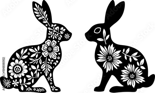 Floral Bunny Silhouette SVG Bundle – Cute Rabbit with Flower Pattern, Spring Easter Cut Files