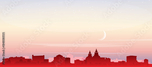 Red panoramic poster of the city skyline with misty background buildings, sunrise, moon and clouds of LIVERPOOL, UNITED KINGDOM