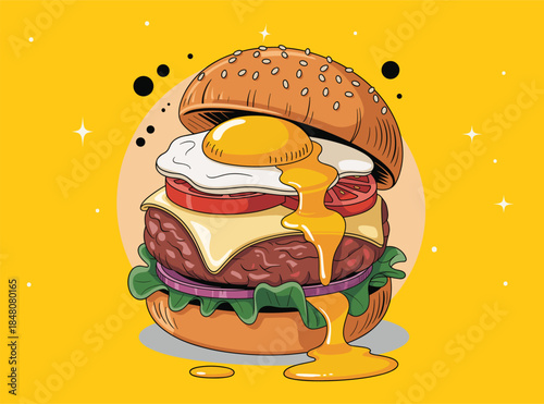 Burger Vector Illustration for Fast Food Design, Fast Food Burger Icon Vector Illustration, Cheeseburger Vector for Restaurant Branding, Burger Logo Vector for Food Business