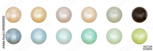 Set of 3D Realistic Pearl isolated on white background. Jewel gems, natural round shapes, jewelry element,  3d Vector illustratiion.