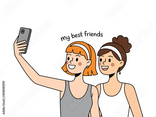Two smiling best friends taking selfie together with smartphone