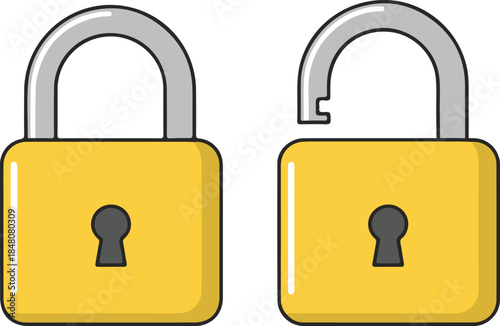 Two golden padlocks side by side — one locked, one unlocked — symbolizing access control and security status, clear and functional vector illustration

