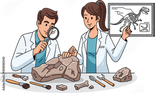 Illustration of paleontologists studying dinosaur fossils with tools, examining ancient bones and rocks, researching prehistoric life and scientific fossil discovery process