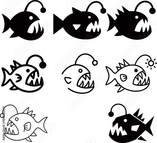 Angler fish icon collection, 8 minimalist deep sea fish silhouettes and outline vectors isolated on white background