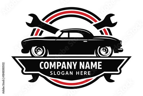 Classic Car Silhouette with Wrenches, Red and Black Accents, Automotive Icon Style