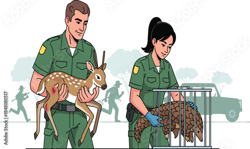Illustration of wildlife rangers rescuing and protecting animals, holding fawn and pangolin, saving endangered species in forest conservation mission scene