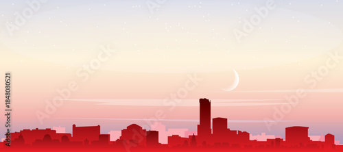 Red panoramic poster of the city skyline with misty background buildings, sunrise, moon and clouds of BIRMINGHAM, UNITED KINGDOM