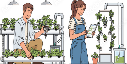 Illustration of young man and woman growing vegetables with hydroponic system, using digital tablet for smart indoor farming technology