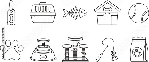 Diverse collection of simple outline pet accessories and animal care items for graphic design projects