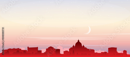 Red panoramic poster of the city skyline with misty background buildings, sunrise, moon and clouds of ROME, ITALY