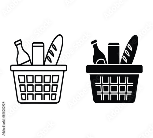 A side by side comparison of two black and white outline drawings of shopping baskets filled with groceries and beverages
