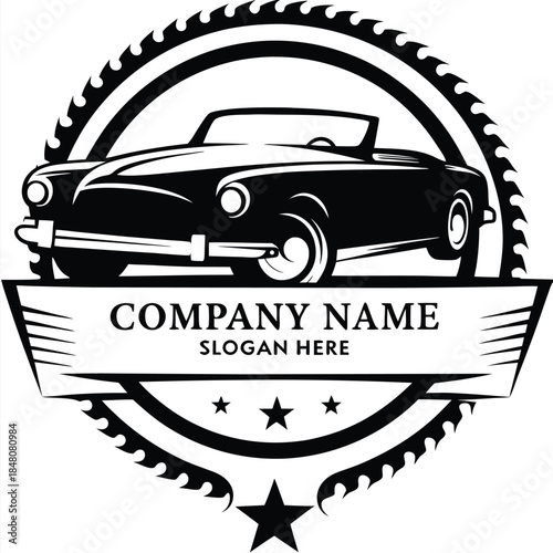 Classic Car Logo Icon, Vintage Convertible Vehicle Silhouette with Stars & Decorative Edge