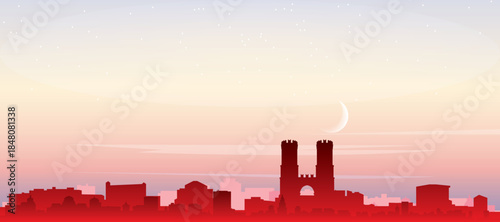 Red panoramic poster of the city skyline with misty background buildings, sunrise, moon and clouds of GENOA, ITALY