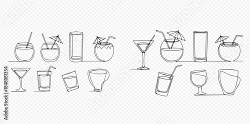 Set of various hand-drawn cocktail glasses and cups, continuous line art style, vector illustration.
