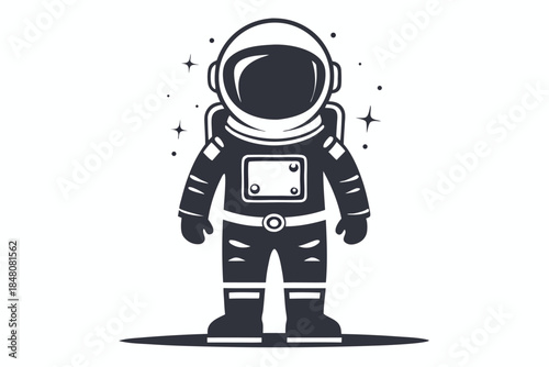 Bold Monochrome Astronaut on White Backdrop, Starry Space Theme, Isolated