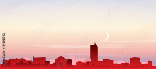 Red panoramic poster of the city skyline with misty background buildings, sunrise, moon and clouds of MANCHESTER, UNITED KINGDOM