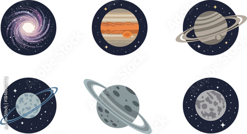 Space and Planet Icons Set – Galaxy Orbit Saturn Moon Astronomy Vector Illustration