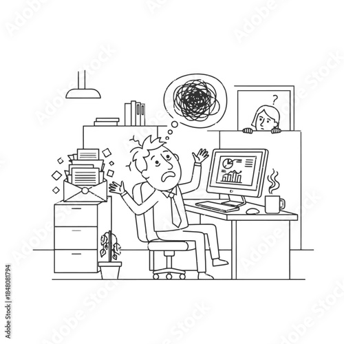 Cartoon office worker overwhelmed by paperwork and seeking assistance