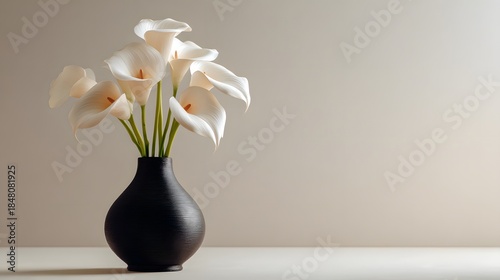 Elegant white calla lilies bloom from a dark, textured vase set against a muted background.