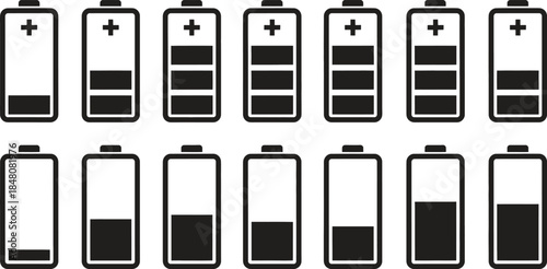 Modern battery charge level indicator icon set showing various power status stages in minimalist black and white design