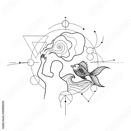 Surreal monochrome geometric illustration of human, water, and fish