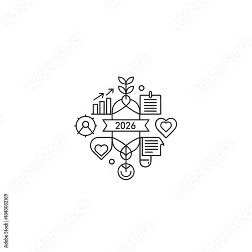 Minimalist 2026 icon set depicting growth, happiness, and positive change