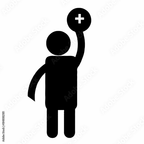 Simple black silhouette of a person adding a medical cross symbol
