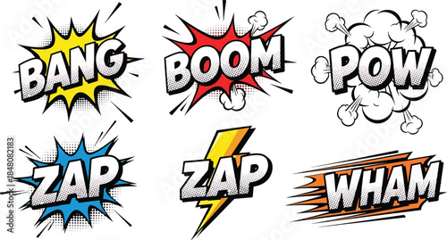 Comic Action Word Icons Set – Bang Boom Pow Zap Wham Pop Art Explosion Stickers