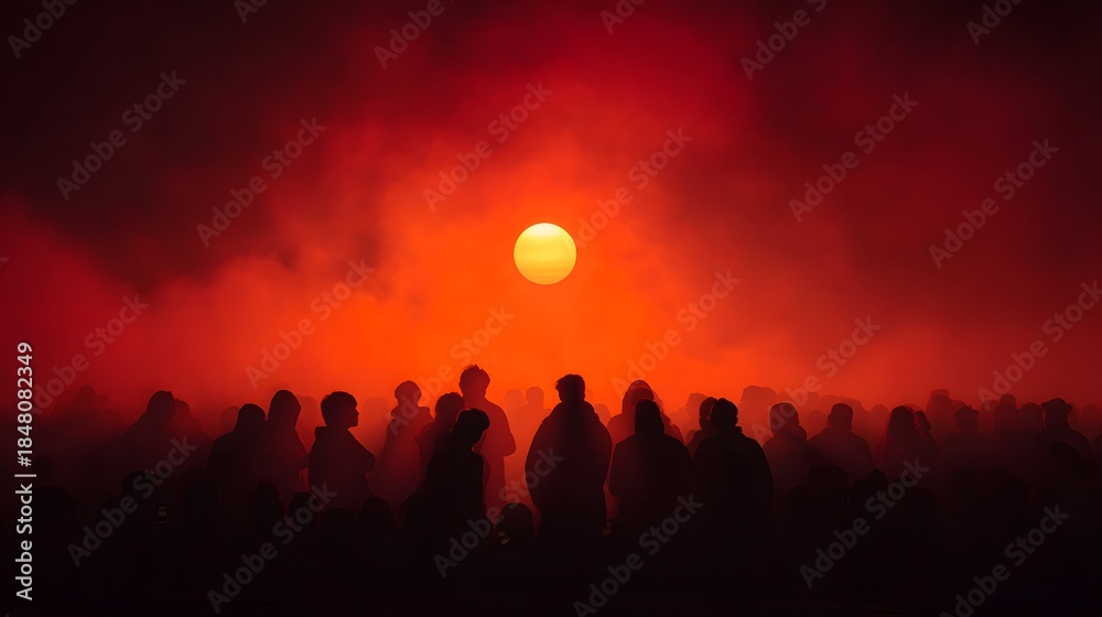 Fototapeta premium Silhouetted crowd gathers beneath a vibrant, fiery orange celestial body shrouded in atmospheric haze