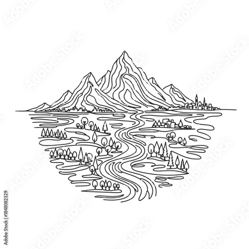Stylized line art landscape featuring mountains, river, and charming villages
