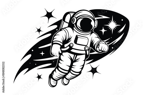 Monochrome Astronaut Floating in Space with Stars, Nebula and a Streamer Design