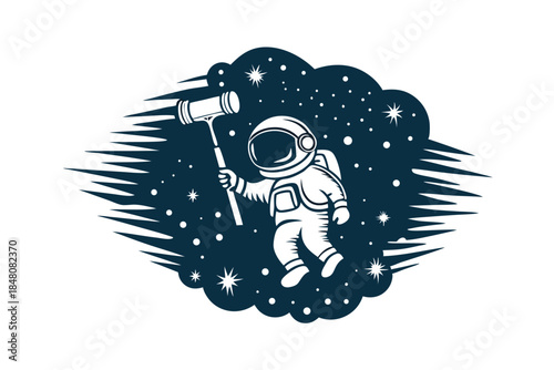 Silhouette Astronaut with Mop in Space, Cleaning, Stars, Cosmic Dust, Blue & White