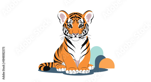 Adorable cartoon baby tiger cub sitting patiently with big eyes on a clean white background with abstract color shapes.