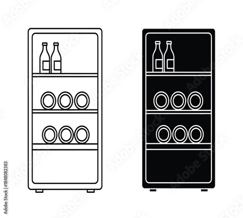 a black and white line drawing depicts two identical refrigerators with bottles and circular objects arranged on shelves inside