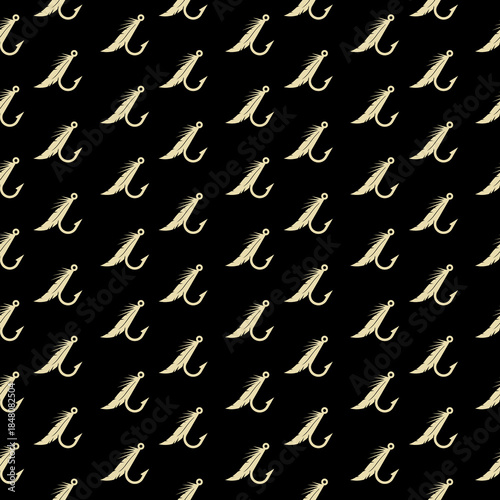 Fishing Hook with Feathers seamless pattern isolated on black background