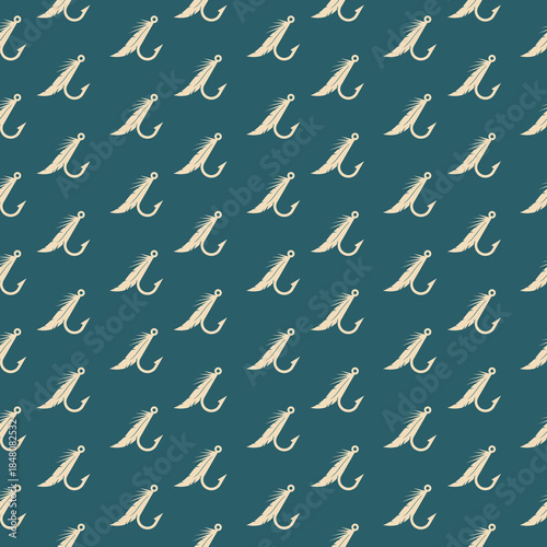 Fishing Hook with Feathers seamless pattern isolated on color background