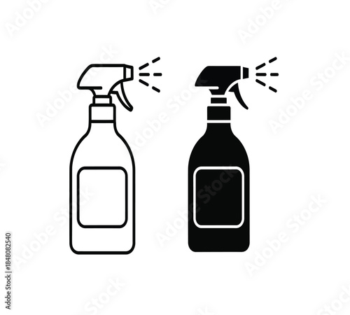 A simple illustration depicting two spray bottles one outlined and one filled both actively dispersing a fine mist of liquid