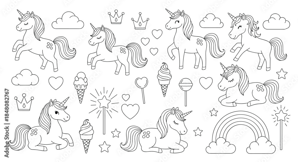 Fototapeta premium A magical unicorn coloring page set with rainbows clouds stars and other cute elements for kids activity and creativity.