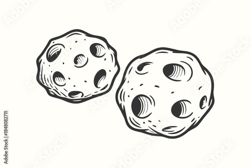 Hand Drawn Two Planets, Space Objects, Celestial Bodies, Cratered Surfaces, Sketchy