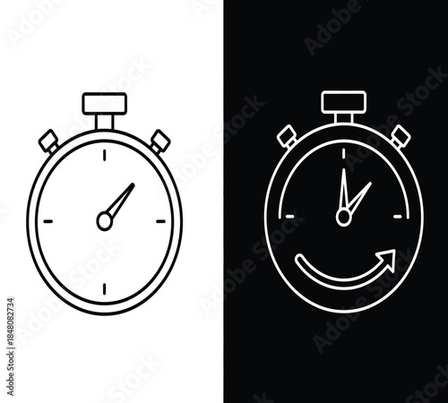 A contrasting depiction of a stopwatch icon is showcased in both white on a light background and white on black highlighting its design