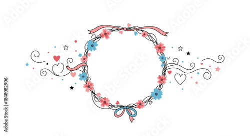 Whimsical and romantic floral wreath with ribbons hearts and stars perfect for a wedding invitation or valentine's day card.