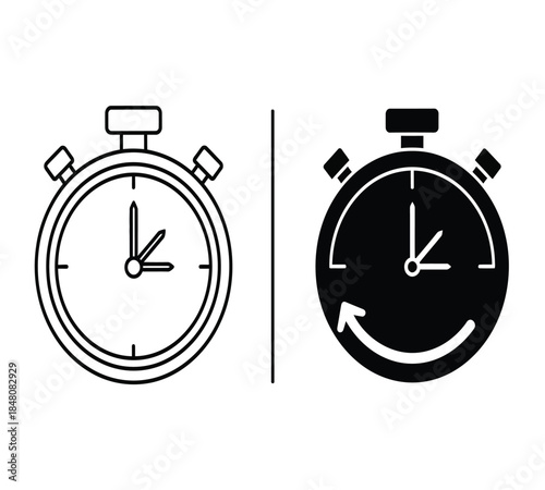 A contrasting depiction of two stopwatch icons one outlined in white and the other filled in black displaying time measurement