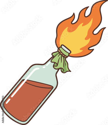 A glass bottle with a burning rag wick, engulfed in bright orange flames, dangerous and intense vector illustration

