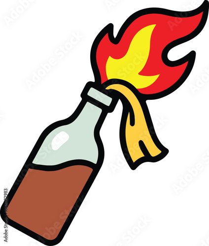 A glass bottle with a yellow rag wick ablaze in bright red and yellow flames, volatile and fiery vector illustration

