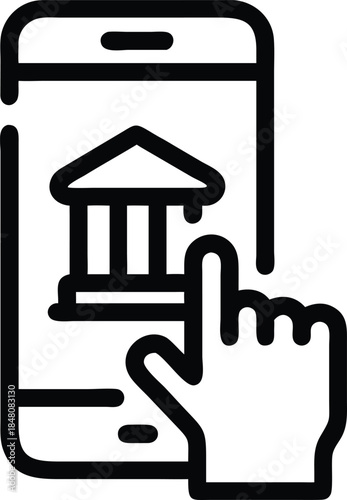 Line Art Smartphone Displaying Bank Icon with Finger Touching Screen Black & White