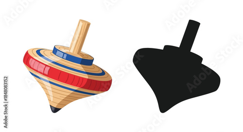 A colorful wooden top and its distinct black shadow illustration